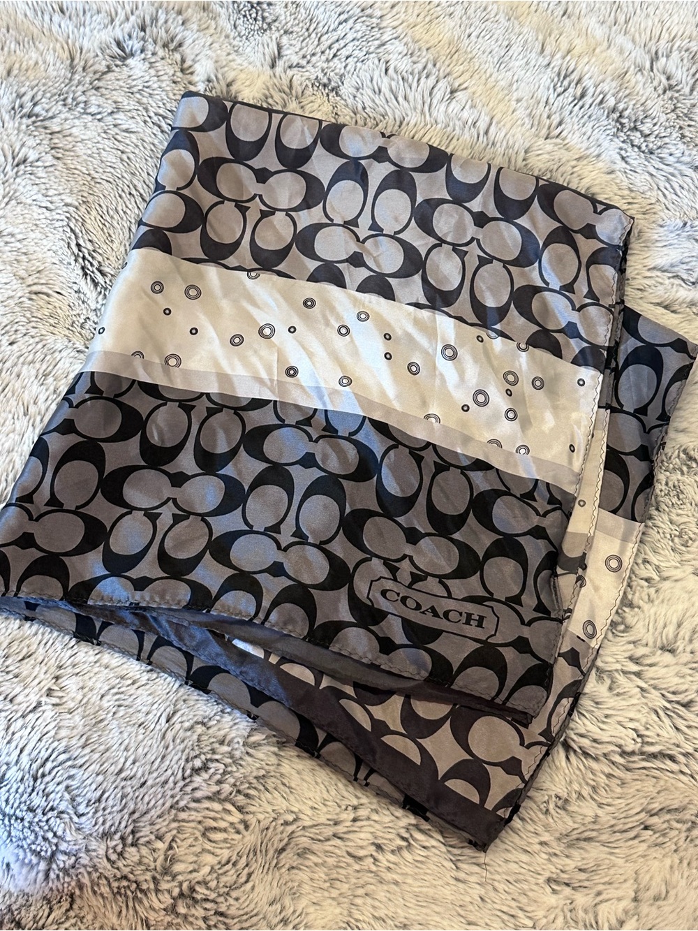 COACH Signature Print Scarf in Gray and Cream